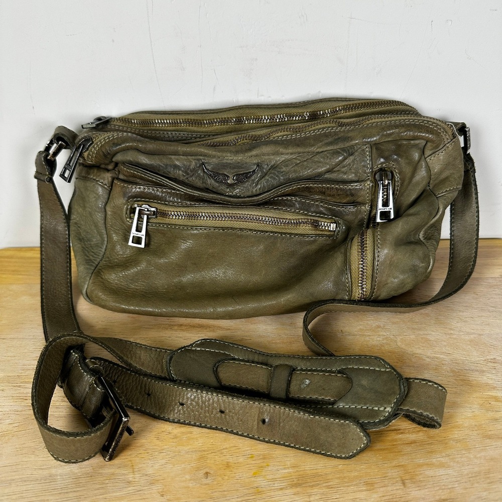 Zadig & Voltaire Distressed Leather Crossbody Bag Olive Green Rocky Grunge